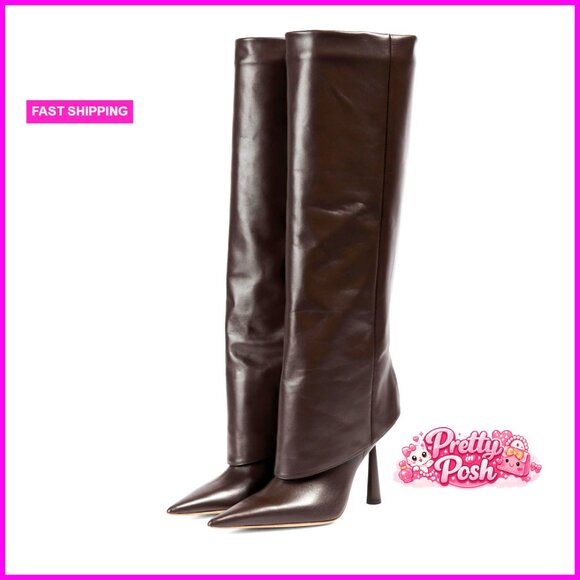 Pointed Toe Stiletto Knee High Boots Fold Over Slip On Women's Shoes